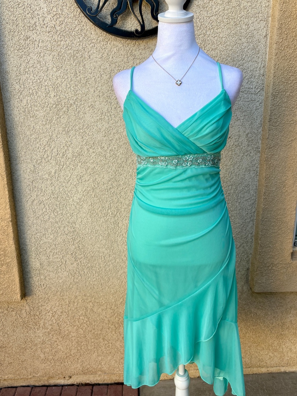 Y2K Fairy Prom Formal Mint Green Beaded Waist Ruched Spaghetti Strap Midi Dress